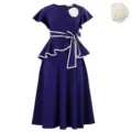 Elegant navy blue midi dress with white peplum trim and rose brooch accent. - S / Navy Blue with Flower