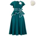 Dark green elegant midi dress with ruffle sleeves, waist tie bow and white rose brooch - S / Dark Green with Flower