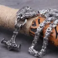 Vintage silver-colored Viking Thor's Hammer pendant with a detailed dragon head link chain - Leopard Style Chain and Pendant Set