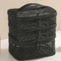 Black heart pattern mesh makeup bag with three-tiered storage and portable handle design - Triple Layer Black with Small Hearts