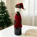 Mini plaid Christmas hat and red scarf decoration set displayed on a wine bottle - Plaid Hat Red Scarf Set