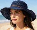 Navy blue wide brim woven straw sun hat for women, breathable beach vacation style - Hand-woven with Bow Tie / Navy Blue