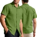 Men casual linen short sleeve shirt button down solid green color top - Verdant