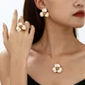 Elegant white enamel flower jewelry set including necklace, earrings and ring for women. - Earrings Necklace Ring / White