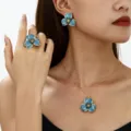 Elegant blue enamel flower jewelry set including necklace, earrings, and ring for women. - Earrings Necklace Ring / Blue
