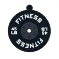 Black barbell plate charm pendant, fitness gym backpack accessory, durable rubber material detail view. - Black