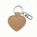 Leather heart keychain pendant, simple smooth PU material, silver metal split ring and clasp. - Khaki