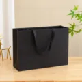 Black paper gift shopping bag with elegant ribbon handles, ideal for retail packaging use. - Mini / Black