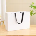 White paper gift bag with black ribbon handles, ideal for clothing and retail shopping. - Mini / White