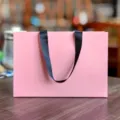 Pink paper gift bag with black ribbon handles, elegant shopping bag for retail and clothing. - Mini / Pink