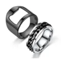 Close-up detail of stainless steel men's ring set featuring a bottle opener and chain design. - Size 6 / Bottle Opener And Chain Ring Set / Black