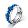 Edelstahl Ring für Herren mit blauer Kette Einlage breites Band modischer Schmuck - Größe 6 / Drehbar / Blau