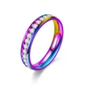 Close-up detail of a rainbow titanium steel eternity ring sparkling with round cubic zirconia. - Colorful