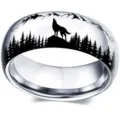 Herren 8mm Edelstahl Ring mit lasergraviertem heulenden Wolf Berg und Wald Design Schmuck - Größe 6 / Silber