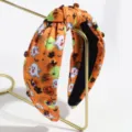 Halloween knotted headband with spooky ghost pumpkin print and colorful crystal rhinestones. - Rhinestone Orange