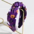 Halloween knotted headband with pumpkin ghost print and sparkling rhinestone details. - Rhinestone Purple