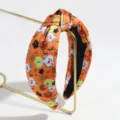 Halloween knotted headband with ghost and pumpkin print, wide hair hoop for women and girls. - Plain Orange