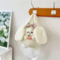 Cute white plush rabbit doll crossbody bag featuring pink plaid bow and peach ornament - Peach Rabbit