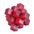 Detailed view of the red wooden interlocking puzzle brain teaser block toy for adults. - Red Small Nine-Link Puzzle