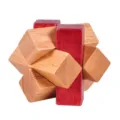Wooden interlocking puzzle detail view, traditional cognitive brain teaser toy with red wood. - Colorful Small Wood Knot