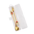 Set de tenedor y cuchara de acero inoxidable dorado con mango de silicona de fresa. - Set de Cuchara y Tenedor Taza de Té de Fresa / Set de dos piezas