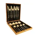 Goldenes Besteck Set 24 Stueck aus Edelstahl mit Holzbox Messer Gabel Löffel Premium - 16-teiliges Set - Titangold