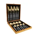Edelstahl Besteckset in Gold mit weißen Griffen in Holzkiste, 24-teiliges Tafelservice. - 16-teiliges Set - Weißgold