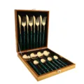 Luxury stainless steel cutlery set with gold finish and green handles in a wooden gift box. - 16-Piece Set - Green Gold