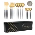 16-teiliges Besteckset aus Edelstahl mit schwarz-goldenen Griffen, elegantes Geschirr. - 16-teiliges Set / Schwarz & Gold