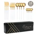 16-teiliges goldenes Besteckset aus Edelstahl mit eleganten weißen Griffen Geschirr - 16-teiliges Set / Platin