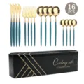 16-teiliges Besteckset aus rostfreiem Edelstahl mit dunkelgrünen Griffen in Box. - 16-teiliges Set / Grün Gold