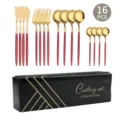 16 Teile Edelstahl Besteckset Luxus Gold Rot Messer Gabel Löffel Geschenkbox - 16-teiliges Set / Roségold Rot