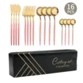 16 Stueck Edelstahl Besteckset Rosa Griff Messer Gabel Loeffel Geschirr Variante Set - 16-teiliges Set / Rosagold