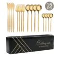 16-teiliges Besteckset aus Edelstahl in Gold Steakmesser Gabel Löffel Küchengeschirr Box - 16-teiliges Set / Titangold