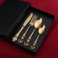 Ensemble de couverts de luxe en acier inoxydable gaufré avec boîte cadeau élégante dorée. - Set de 4 Pièces en Boîte Noire / Or Titane