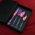 Ensemble de couverts en acier inoxydable arc-en-ciel couteau a steak fourchette cuillere - Set de 4 Pièces en Boîte Noire / Iridescent