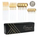 20-teiliges Besteckset aus Edelstahl mit goldenem Finish und eleganten weissen Griffen. - 20-teiliges Set / Platin