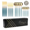20 Stk. Edelstahl Besteckset Türkis und Gold Messer Gabel Löffel Essbesteck Set - 20-teiliges Set / Grün Gold