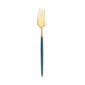 Elegant stainless steel dinner fork with gold finish and dark green handle for modern table. - Dinner Fork / Peacock Green Gold