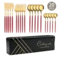 20 Teiliges Besteckset Edelstahl Rot Gold Griff Luxus Küchengeschirr Geschenkbox - 20-teiliges Set / Roségold Rot