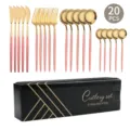 Luxus 20-teiliges Besteckset aus Edelstahl mit rosa Griff und goldenem Geschirr-Design. - 20-teiliges Set / Rosagold