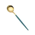 Stainless steel dessert spoon with gold bowl and emerald green handle for elegant dining. - Dessert Spoon / Peacock Green Gold