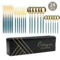24-teiliges Besteckset Edelstahl in elegantem Gold und Blau mit Messern und Gabeln - 24-teiliges Set / Grün Gold
