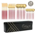24-teiliges Besteckset aus Edelstahl mit eleganten roten und goldenen Griffen für Tisch. - 24-teiliges Set / Roségold Rot