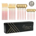24-teiliges Besteckset aus Edelstahl mit rosa Griffen und edler Geschenkbox für Küche. - 24-teiliges Set / Rosagold