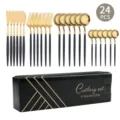 Edelstahl Besteckset 24 tlg schwarz und gold besteck messer gabel löffel set neu - 24-teiliges Set / Schwarz & Gold