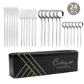 24-teiliges Besteckset aus Edelstahl in schwarzer Geschenkbox, moderne Messer Gabel Löffel - 24-teiliges Set / Silber