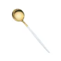 Modern stainless steel dessert spoon with luxurious shiny gold bowl and clean white handle. - Dessert Spoon / Platinum