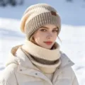 Close-up of a stylish striped knitted hat and neck warmer set for winter outdoor skiing. - One Size / Set / Khaki