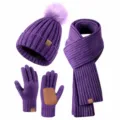 Purple winter knitted three-piece set including a pompom beanie, scarf, and gloves - Purple